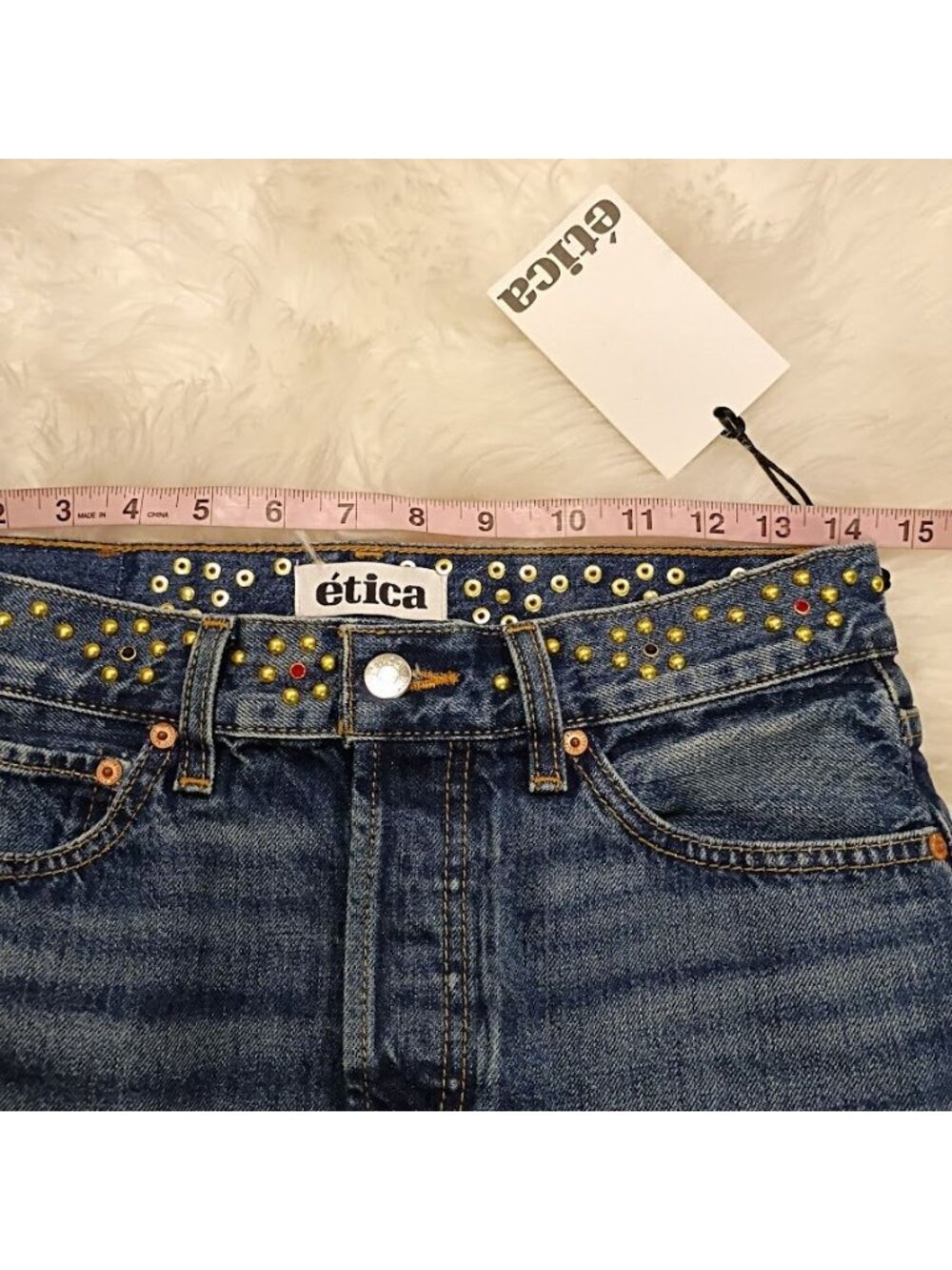 Ética Womens Denim Mini Skirt Blue Size 24 Organic Cotton Studded Frayed Hem New - Picture 10 of 15